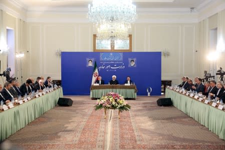 Iranian President Hassan Rouhani speaks during a meeting with Iran's Foreign Minister Mohammad Javad Zarif and with deputies and Senior directors of the Ministry of Foreign Affairs in Tehran