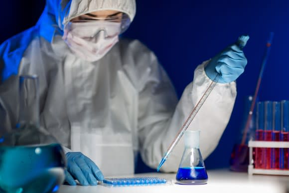 A biotech lab researcher using a pipette.