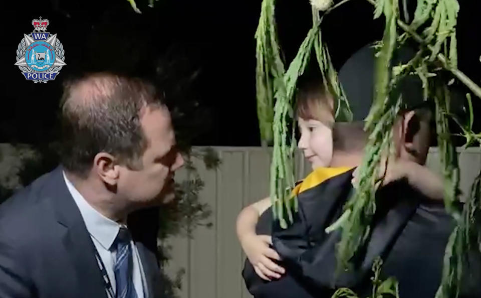 A screen grab taken from body-worn camera footage of four-year-old Cleo Smith being rescued by WA Police. Source: AAP