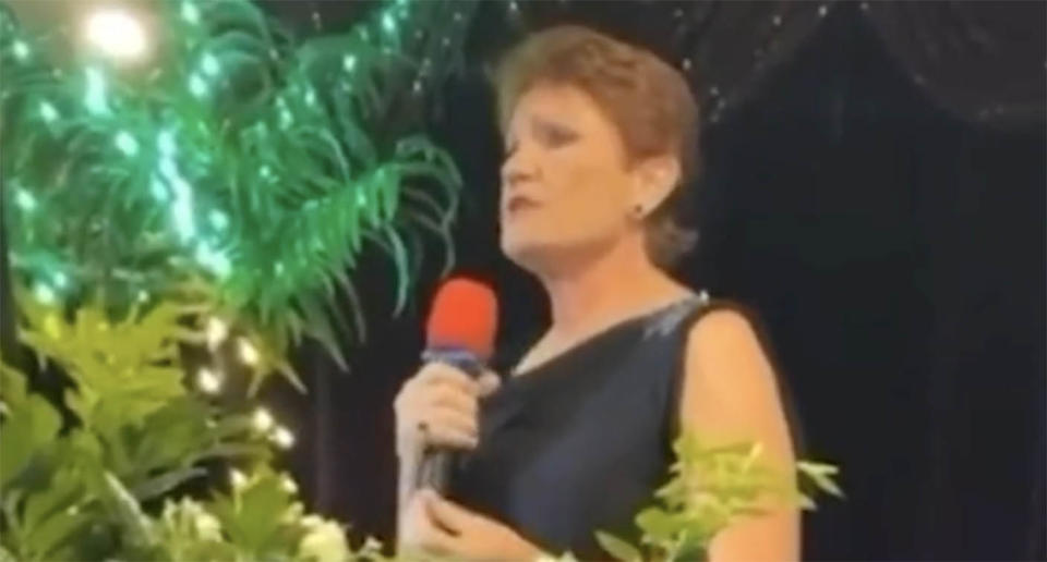 Screenshot of video of Pauline Hanson during her speech at the event.