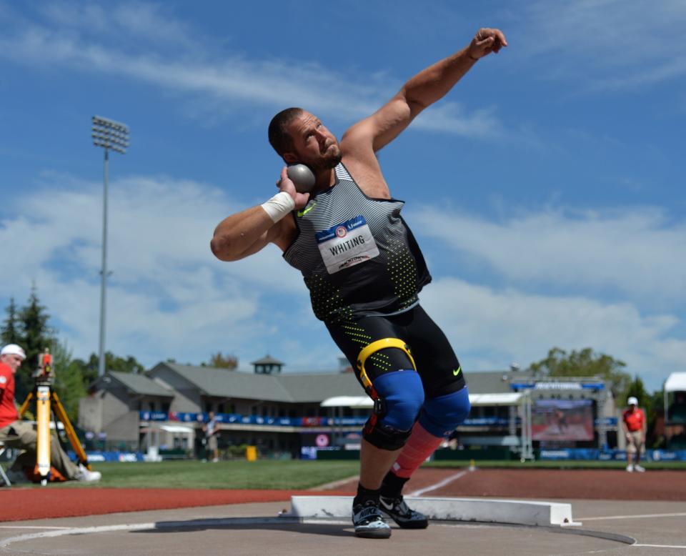 Jul 1, 2016; Eugene, OR, USA; Ryan Whiting throws 65-6 1/4 (19.97m) in the shot put qualifying during the 2016 U.S. Olympic Team Trials at Hayward Field.