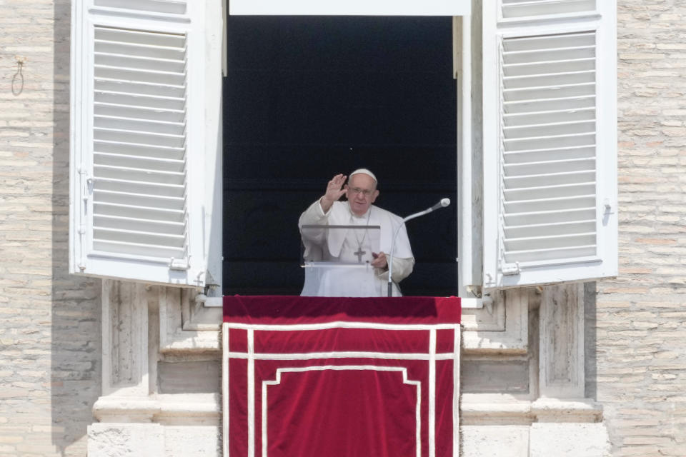 Pope Francis delivers the Regina Coeli noon prayer in St. Peter's Square at the Vatican, Sunday, May 21, 2023. (AP Photo/Gregorio Borgia)