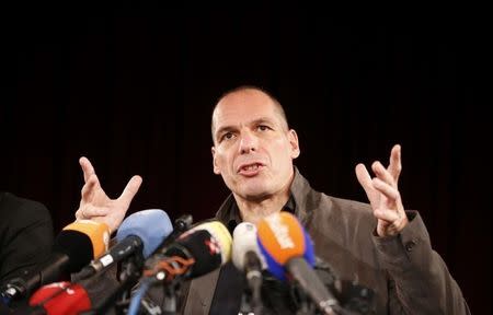 Greece's former Finance Minister Yanis Varoufakis addresses a news conference to introduce the so-called DiEM 25 (Democracy in Europe Movement 2025) at the Volksbuehne theatre in Berlin, Germany, February 9, 2016. Former Greek finance minister Yanis Varoufakis is said to launch a new pan-European movement during a presentation where he presents his ideas on how to democratise Europe. REUTERS/Fabrizio Bensch - RTX264MQ