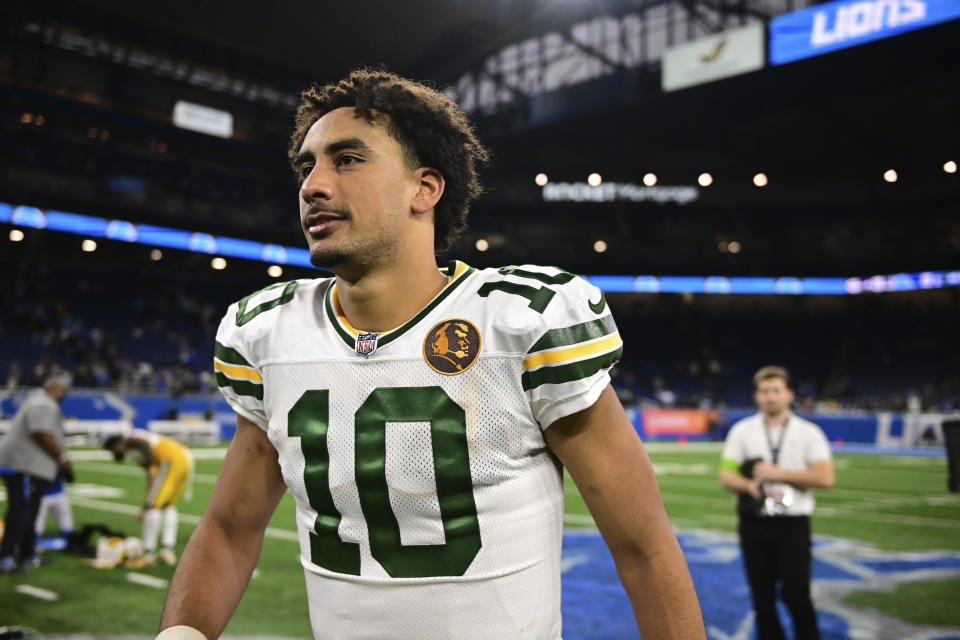 Green Bay Packers quarterback Jordan Love walks off the field after the second half of an NFL football game against the Detroit Lions, Thursday, Nov. 23, 2023, in Detroit. (AP Photo/David Dermer)