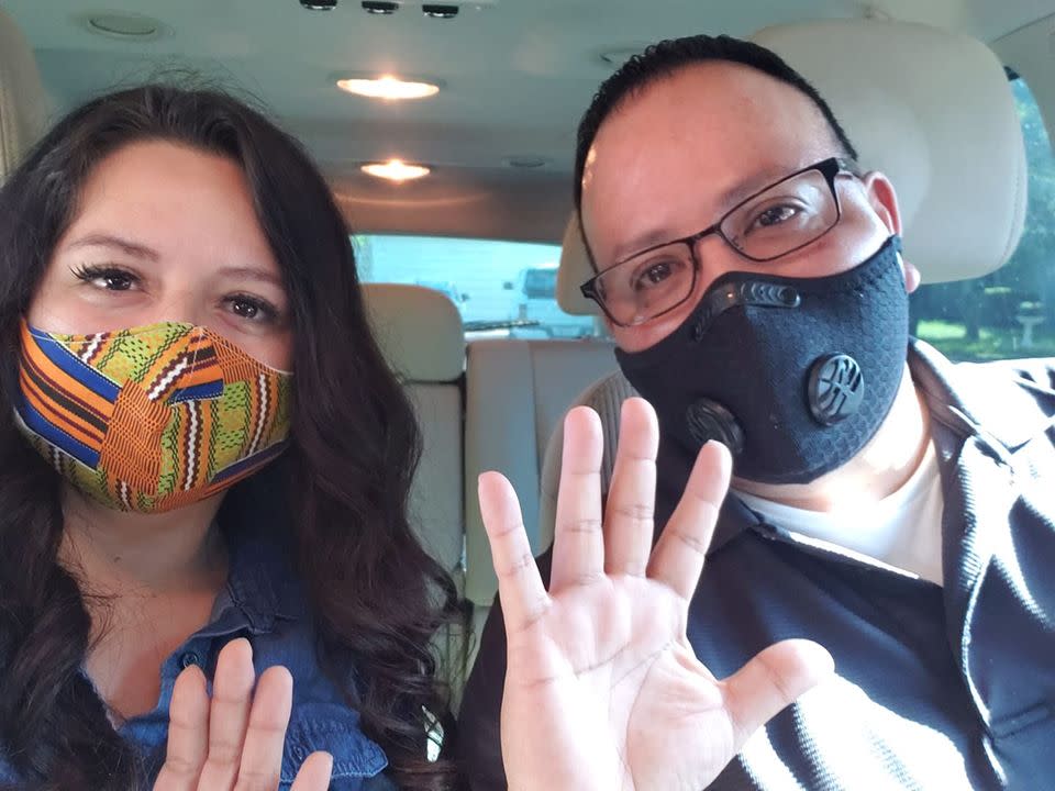 Diana Anzaldua and Jason Rubio wearing face masks