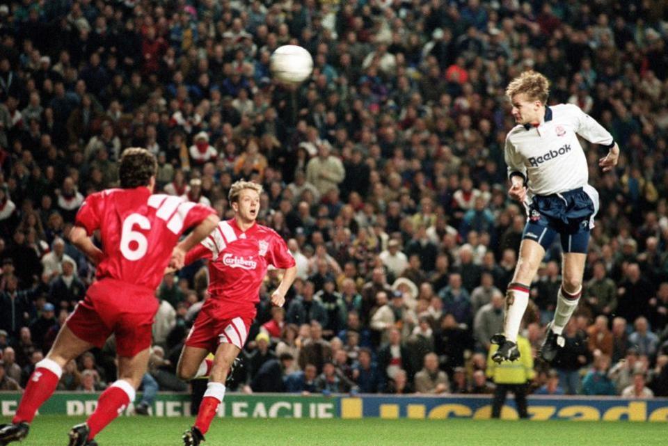 The Bolton News: John McGinlay scores a famous FA Cup replay goal for Bolton at Liverpool in 1993