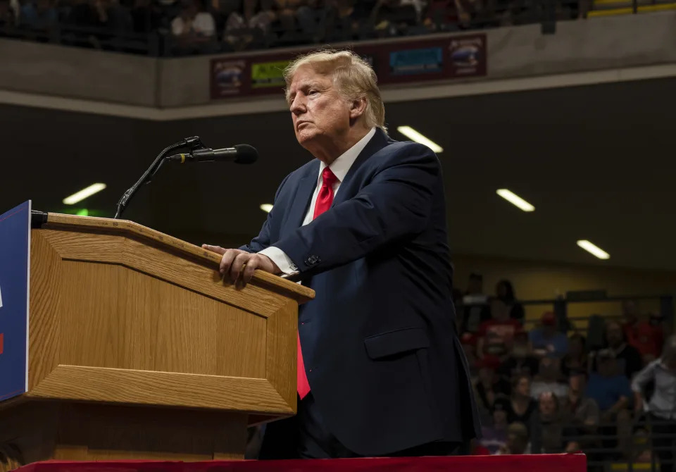 Former President Donald Trump speaks at a rally inside the Alaska Airlines Center in Anchorage, Alaska, July 9, 2022. Thousands of pages of Trump's tax documents were released on Friday, Dec. 30. (Ash Adams/The New York Times)