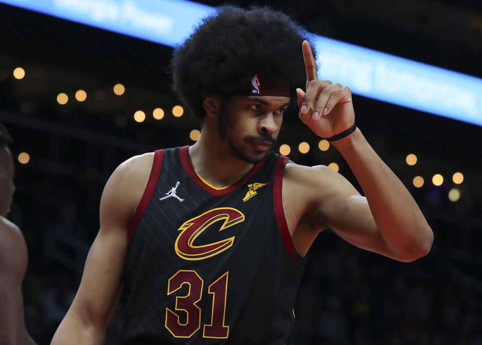 ATLANTA, GA - FEBRUARY 15: Jarrett Allen #31 of the Cleveland Cavaliers reacts after being called for a foul during the second half against the Atlanta Hawks at State Farm Arena on February 15, 2022 in Atlanta, Georgia. NOTE TO USER: User expressly acknowledges and agrees that, by downloading and or using this photograph, User is consenting to the terms and conditions of the Getty Images License Agreement. (Photo by Todd Kirkland/Getty Images)