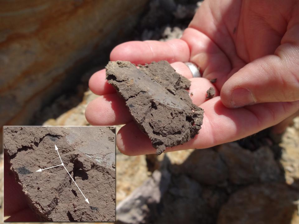 A hand holding a stone tool