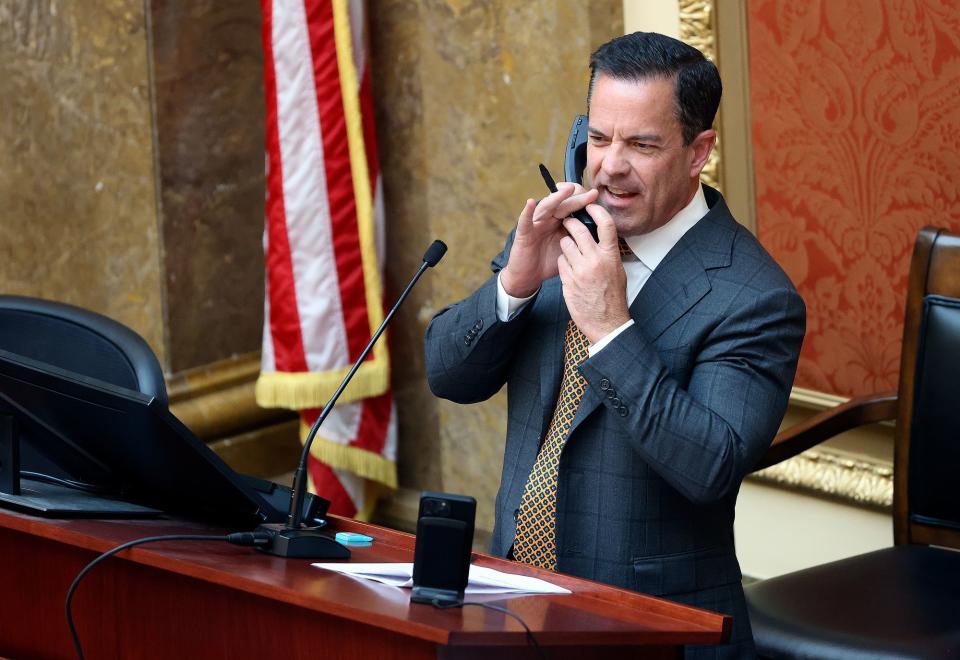 House Speaker Brad Wilson, R-Kaysville, talks on the phone in the House chamber during the first special legislative session of 2023 at the Capitol in Salt Lake City on Wednesday, May 17, 2023. | Kristin Murphy, Deseret News