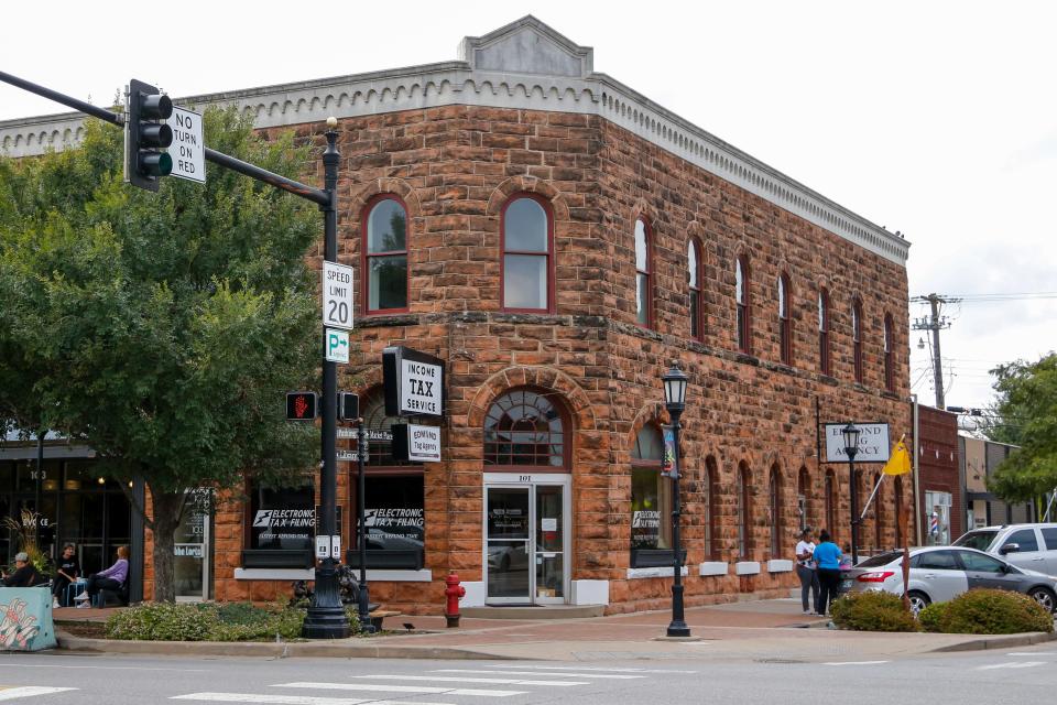 Peoples Bank Building, built in 1893 at 101 S Broadway on the southwest corner at First Street, now is an office building with Downtown Edmond Tag Agency, Olde Towne Tax & Accounting, ADG Blatt Architects and other businesses in Edmond.