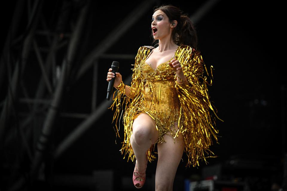 British singer Sophie Ellis-Bextor performs on the Pyramid Stage on day 5 of the Glastonbury festival in the village of Pilton in Somerset, southwest England, on June 25, 2023. The festival takes place from June 21 to June 26. (Photo by Oli SCARFF / AFP) (Photo by OLI SCARFF/AFP via Getty Images)