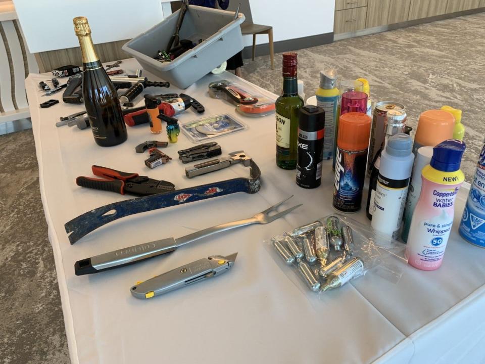 These are some of the items that Transportation Security Administration officials took away from air travelers boarding departing flights at Daytona Beach International Airport in recent months because they are illegal to carry on commercial airliners. They are seen here at a press conference at the airport on Tuesday, May 25, 2021.