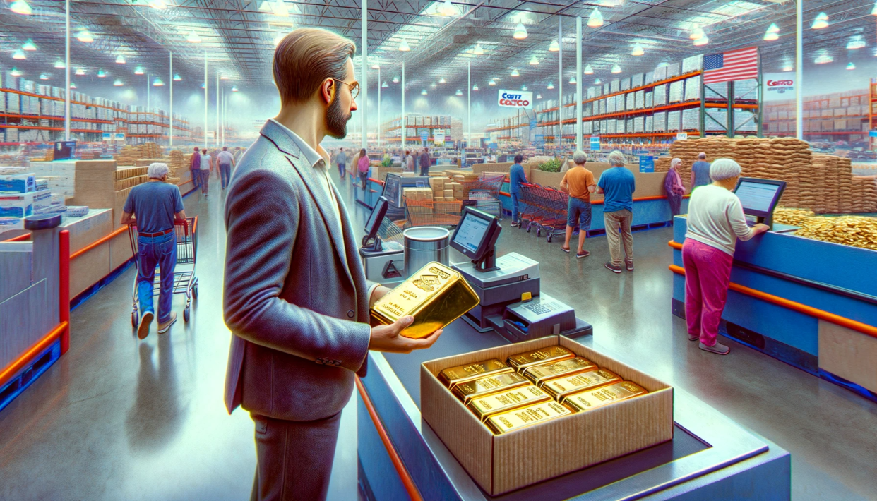 Person buying gold bars at a Costco warehouse AI-generated image