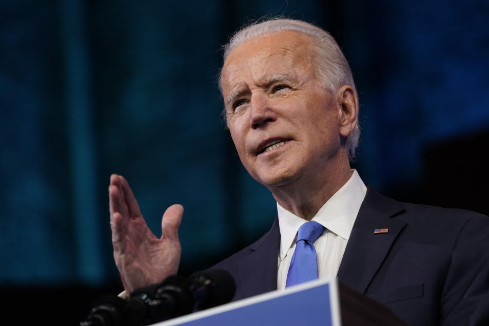 President-elect Joe Biden speaks after the Electoral College formally elected him as president, Monday, Dec. 14, 2020, at The Queen theater in Wilmington, Del. (AP Photo/Patrick Semansky)