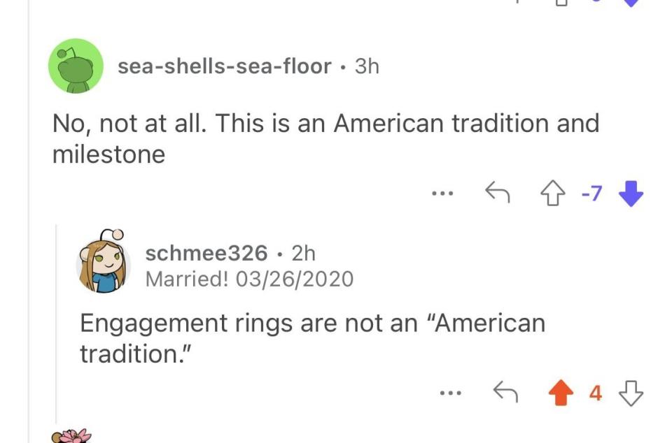 Screenshot of an online discussion about engagement rings, with mixed opinions on whether it's an American tradition