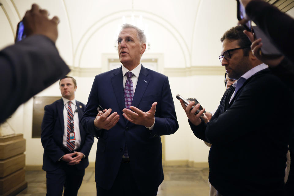 WASHINGTON, DC - SEPTEMBER 18: Speaker of the House Kevin McCarthy (R-CA) talks to reporters as the arrives at the U.S. Capitol on September 18, 2023 in Washington, DC. McCarthy is facing an important week ahead as he works to keep factions of his party together and keep the government from shutting down at the end of the month. (Photo by Chip Somodevilla/Getty Images)