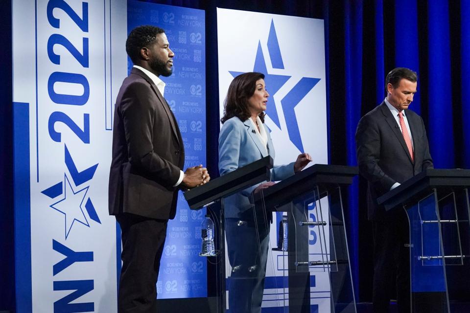New York Public Advocate Jumaane Williams, left, Gov. Kathy Hochul and Rep. Tom Suozzi, D-N.Y., face off during a gubernatorial primary debate at the studios of WCBS2-TV on June 7 in New York.