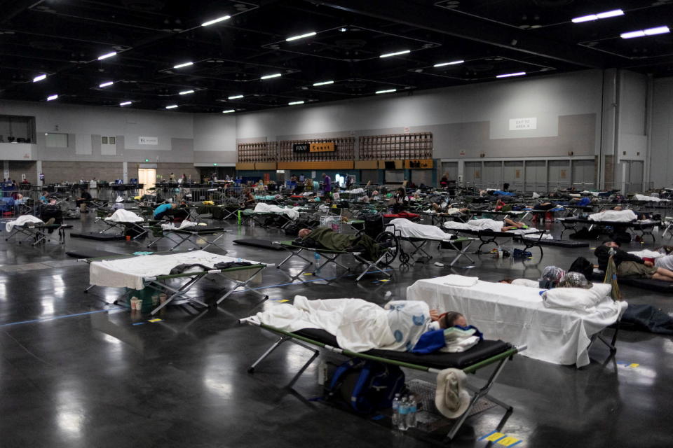 People sleep at a cooling shelter set up during an unprecedented heat wave in Portland, Oregon, on June 27.