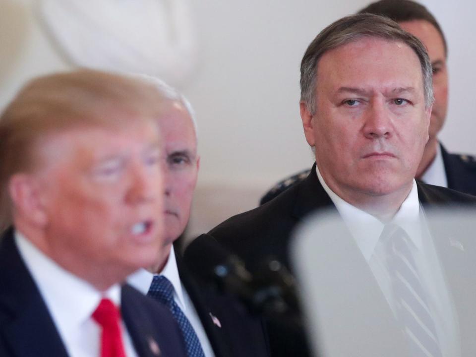 Mike Pompeo looks on as Trump speaks at the White House on January 8, 2020.