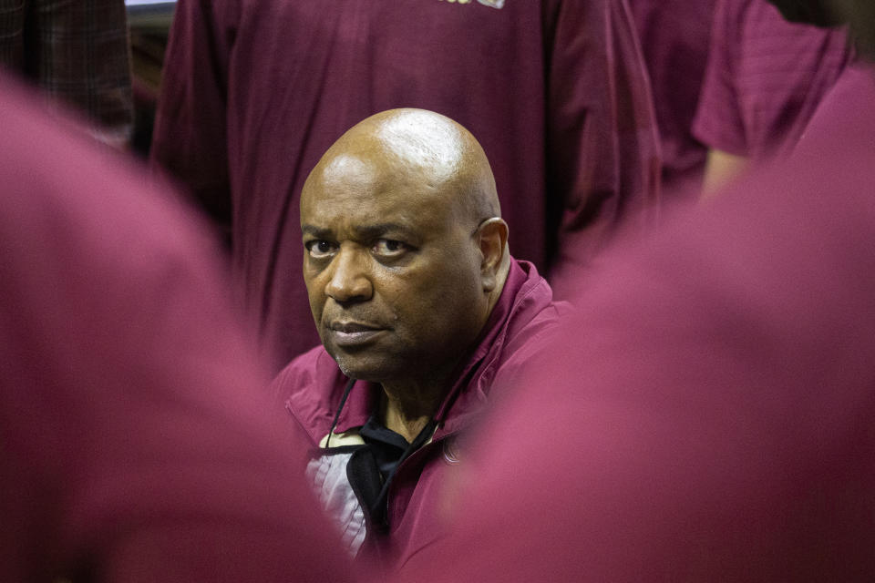 FILE - Florida State head coach Leonard Hamilton in the huddle in the first half of an NCAA college basketball game against Tulane in Tallahassee, Fla., Wednesday, Nov. 17, 2021. Hamilton has always tried to build and win with veteran teams. This season the Florida State coach will win with a new type of veteran. (AP Photo/Mark Wallheiser, File)