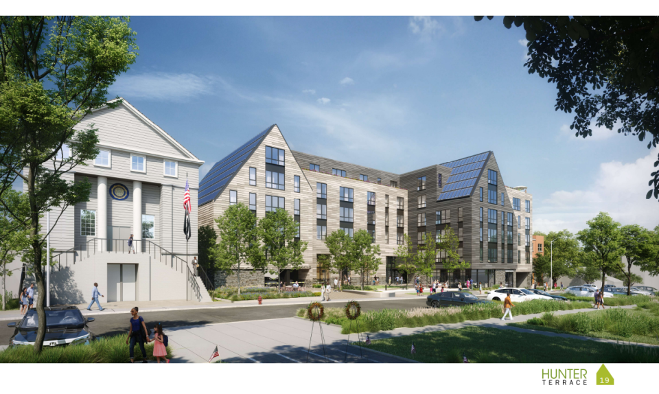 A rendering of a proposal by WestHab for a Prospect Avenue site for affordable housing in Mamaroneck village. It is one of two development teams' proposals for affordability on the site.