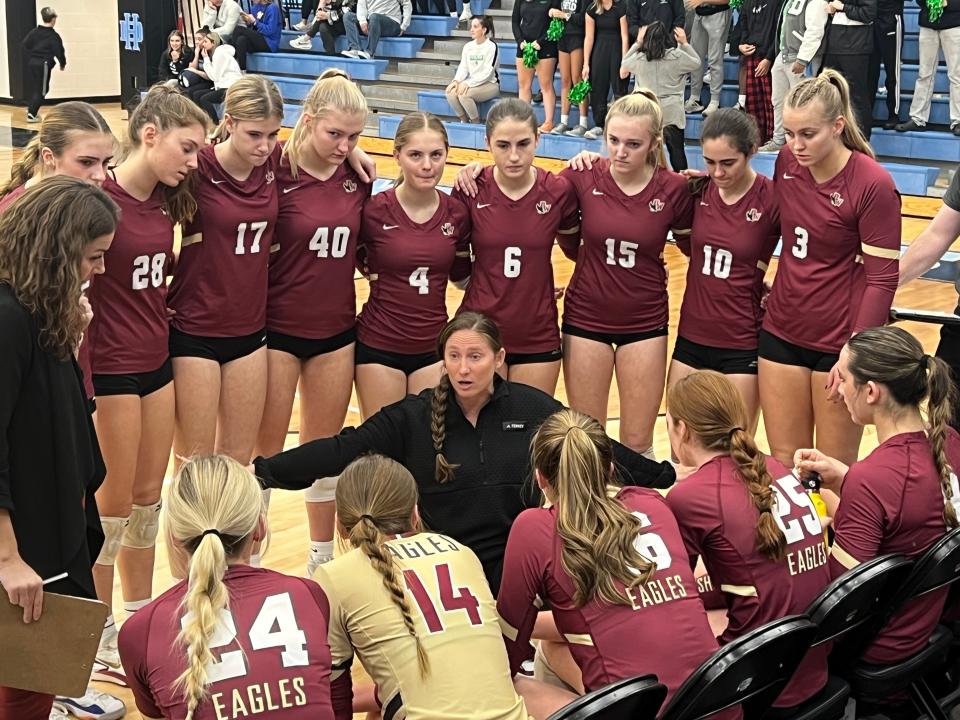 Watterson girls volleyball coach Stephanie Grieshop talks to her team during a Division I regional semifinal this fall.
