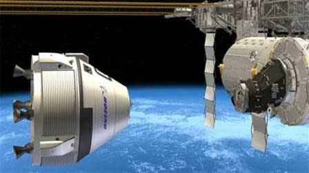 Artist conception of Boing's commercial crew vehicle docking with space station. Illustration courtesy of Boeing.