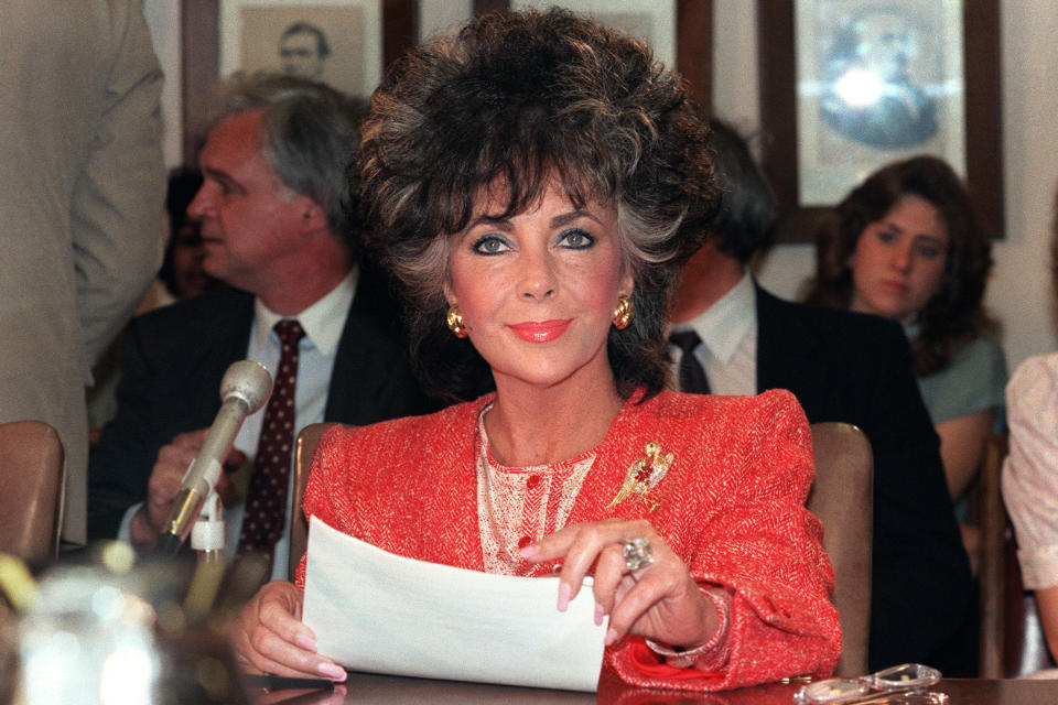 Elizabeth Taylor testifies before a Senate sub-committee on May 8, 1986 in Washington as chairman of the American Foundation for AIDS Research (amfAR).