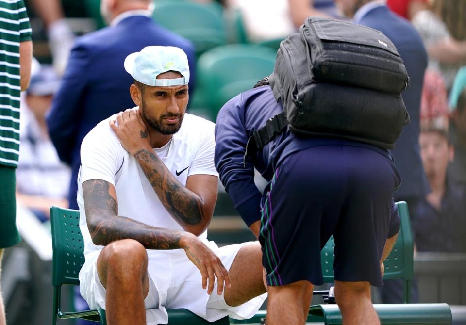 Nick Kyrgios received treatment for a shoulder problem (Zac Goodwin/PA) (PA Wire)