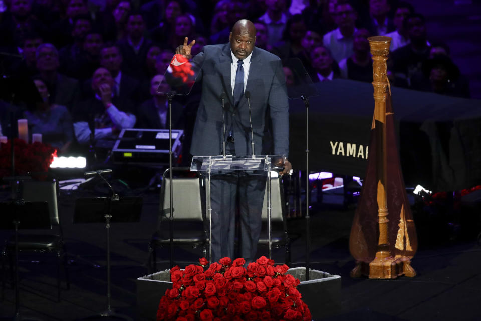 Shaquille O'Neal speaks during a celebration of life for Kobe Bryant and his daughter Gianna Monday, Feb. 24, 2020, in Los Angeles. (AP Photo/Marcio Jose Sanchez)