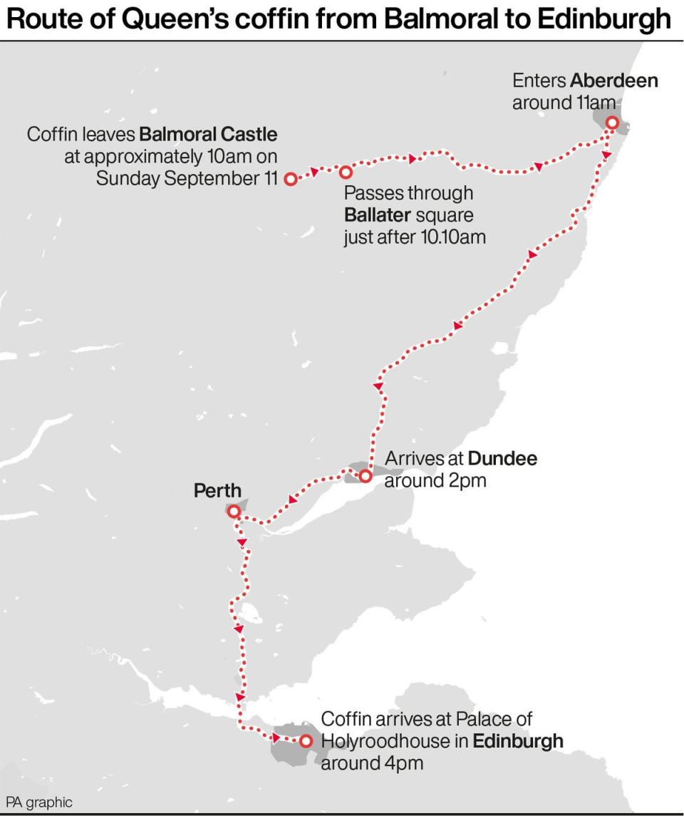 Ruta del féretro de la reina desde Balmoral hasta Edimburgo (PA Graphics)