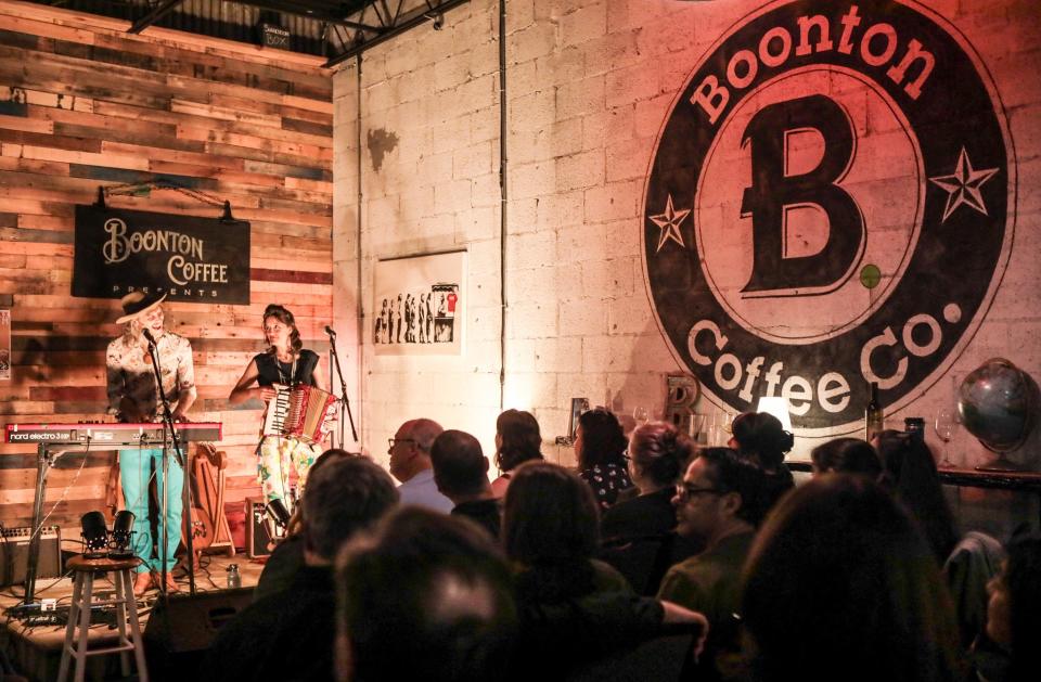 The duo David Wax Museum performs at Boonton Coffee.