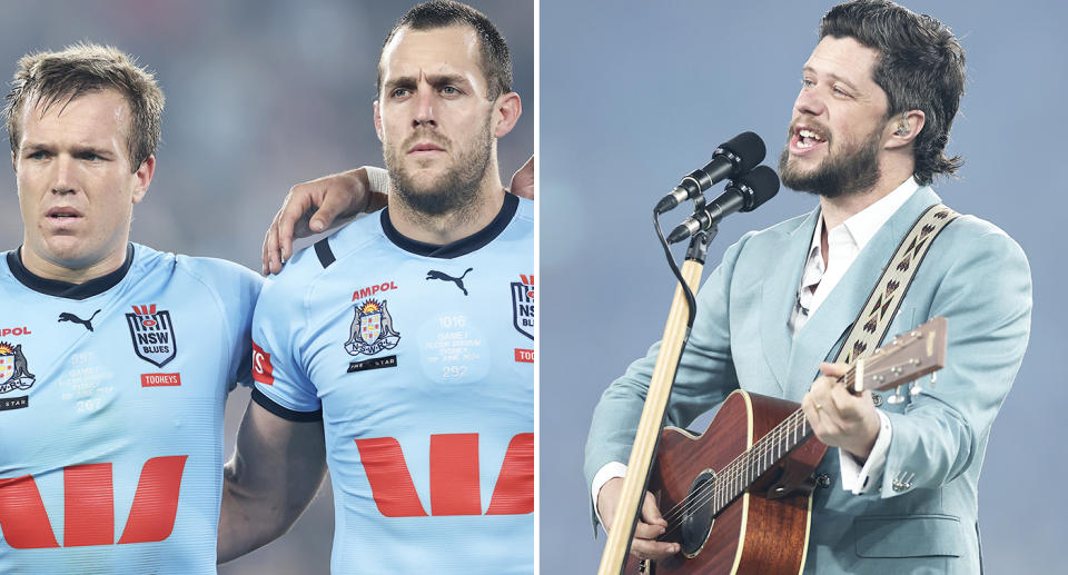 Dylan Wright, pictured here singing the national anthem before State of Origin 1.