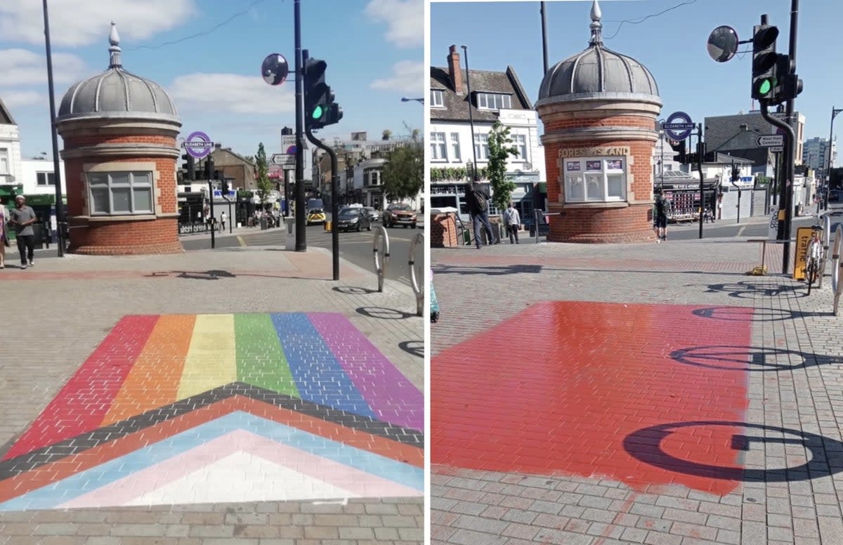 Pride flag on pavement outside Forest Gate railway station in Woodgrange Road (Supplied)