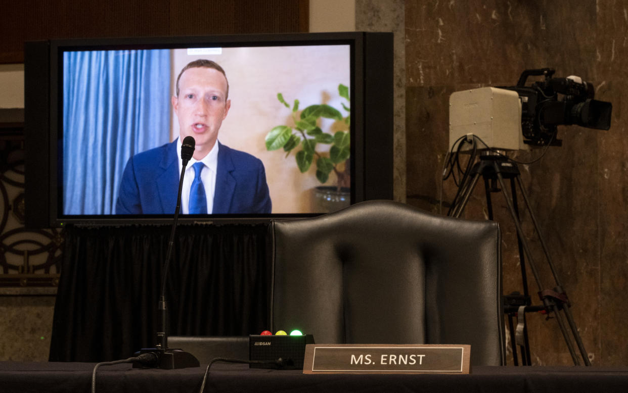 UNITED STATES - NOVEMBER 17: Mark Zuckerberg, Chief Executive Officer of Facebook, testifies remotely during the Senate Judiciary Committee hearing on ÒBreaking the News: Censorship, Suppression, and the 2020 ElectionÓ on Tuesday, Nov. 17, 2020. (Photo By Bill Clark/CQ-Roll Call, Inc via Getty Images)