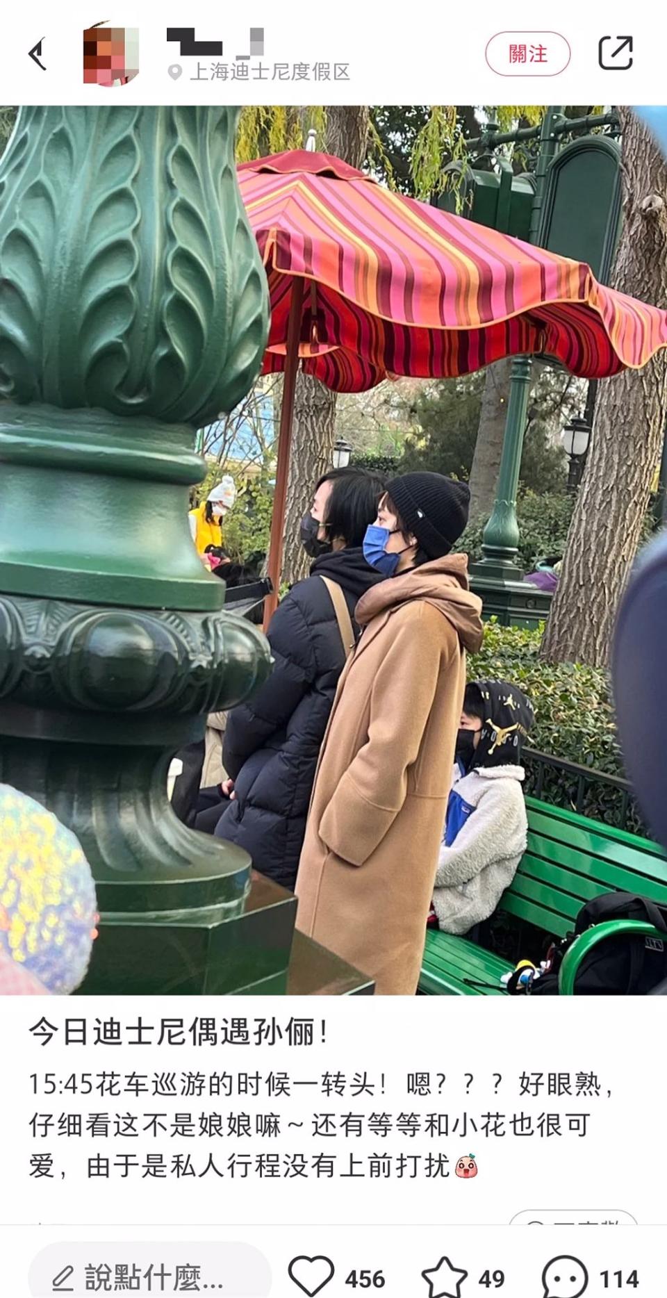網友曬出在迪士尼遊樂園偶遇孫儷與兒女的照片。（圖／小紅書截圖）