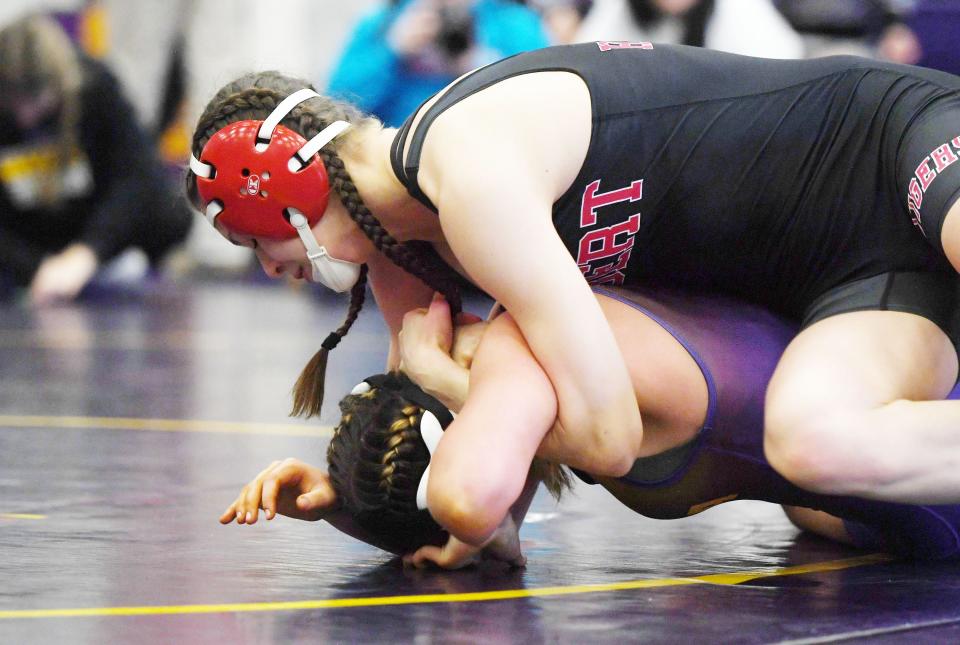Alex Harswick, seen here competing at the Central Iowa Kickoff girls wrestling tournament in Nevada last November, was one of three Gilbert wrestlers to advance to the girls state wrestling tournament Friday at the Region 4 meet held at the Iowa Events Center in Des Moines.