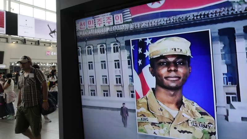 A TV screen shows a file image of American soldier Travis King during a news program at the Seoul Railway Station in Seoul, South Korea, Wednesday, Aug. 16, 2023. North Korea claims King was escaping the U.S. military due to abuse and racism.