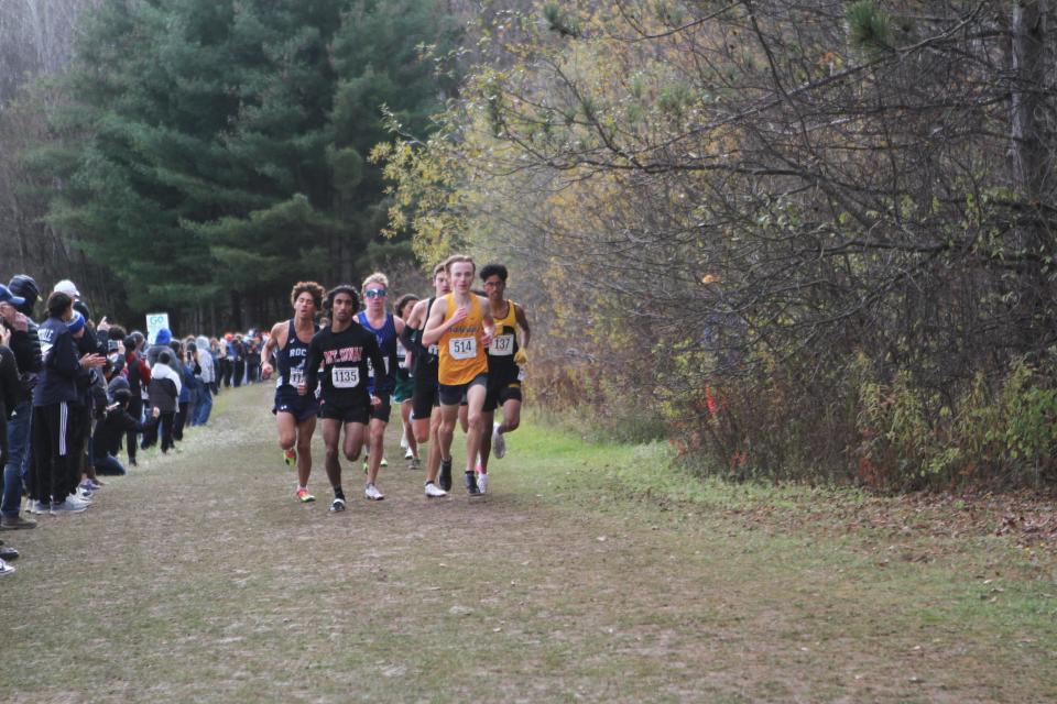 A group of runners breaks into the lead during the early stages of the boys Class B state cross-country championship Nov. 11, 2023 in Verona, New York.