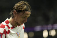 Croatia's Luka Modric reacts during the World Cup round of 16 soccer match between Japan and Croatia at the Al Janoub Stadium in Al Wakrah, Qatar, Monday, Dec. 5, 2022. (AP Photo/Francisco Seco)