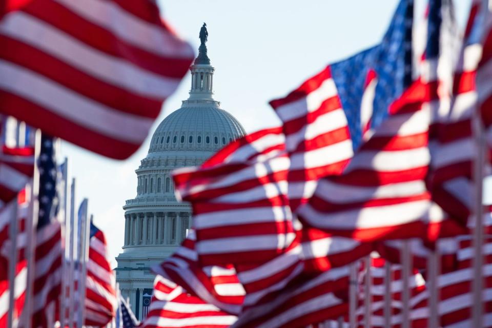 U.S. flags, representing those who could not attend the inauguration due to COVID requirements, at the National Mall.