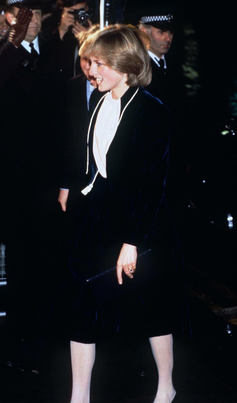 Princess Diana wearing a culotte suit by Bruce Oldfield to switch on the Regent Street Christmas lights, 1981.