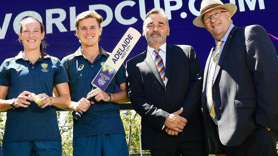 Megan Schutt, Adam Zampa, Keith Bradshaw and David Ridgway, pictured here at a media event for the T20 World Cup in 2019.