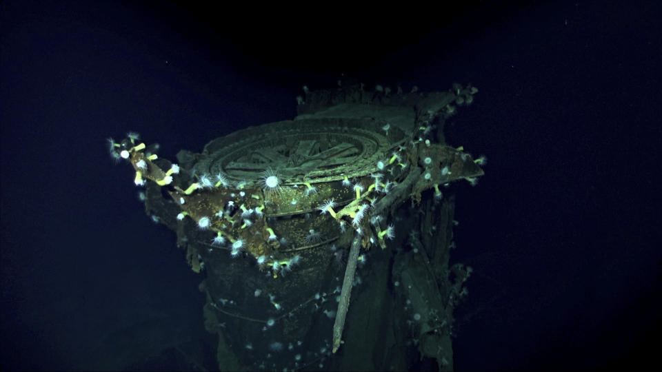 In this Oct. 7, 2019 image taken from underwater video provided by Vulcan Inc., the Japanese aircraft carrier Kaga is shown in the Pacific Ocean off Midway Atoll in the Northwestern Hawaiian Islands. A research vessel called the Petrel is launching underwater robots about halfway between the U.S. and Japan in search of warships from the Battle of Midway. Weeks of grid searches around the Northwestern Hawaiian Islands already have led the Petrel to one sunken battleship, the Kaga. This week, it's investigating what could be another. (Vulcan Inc. via AP)