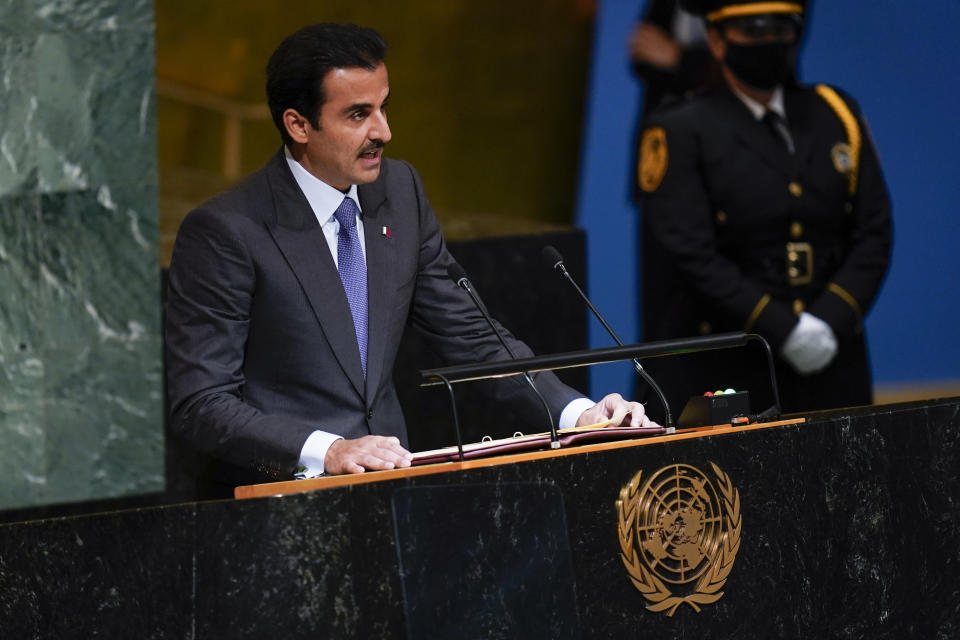 Sheikh Tamim Bin Hamad Al-Thani, the Emir of Qatar, addresses the 77th session of the General Assembly at United Nations headquarters, Tuesday, Sept. 20, 2022. (AP Photo/Seth Wenig)