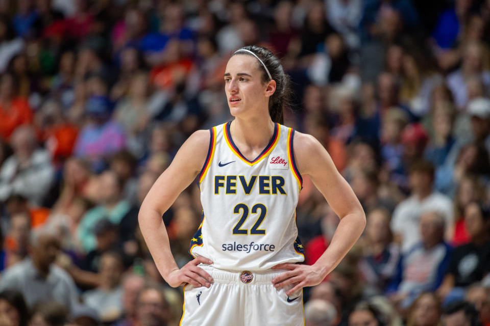 UNCASVILLE, CT - JUNE 10: Indiana Fever guard Caitlin Clark (22) looks on during a WNBA Commissioner's Cup game between the Indiana Fever and the Connecticut Sun on June 10, 2024, at Mohegan Sun Arena in Uncasville, CT. (Photo by Erica Denhoff/Icon Sportswire via Getty Images)