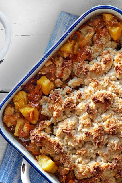 <p>This sweet desert dish combines all the fall flavors: pumpkin spice, sweet potato, brown sugar, and apples.</p><p><strong><a href="https://www.countryliving.com/food-drinks/recipes/a37303/gingered-sweet-potato-and-apple-cobbler/" rel="nofollow noopener" target="_blank" data-ylk="slk:Get the recipe for Gingered Sweet Potato and Apple Cobbler;elm:context_link;itc:0;sec:content-canvas" class="link ">Get the recipe for Gingered Sweet Potato and Apple Cobbler</a>.</strong> </p>