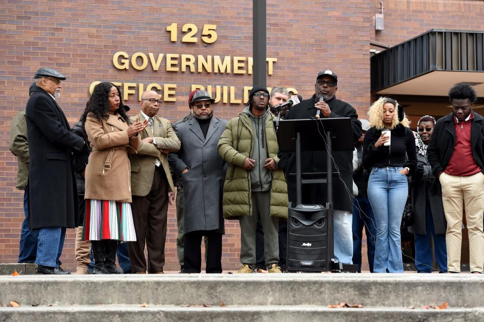 The Wicomico County Branch of the NAACP, Caucus of African American Leaders and the Watchmen with One Voice Ministerial Alliance and individual plaintiffs announced Thursday, Dec. 7, 2023, in front of the Government office building in Salisbury, Maryland a lawsuit they are filing against Wicomico County.