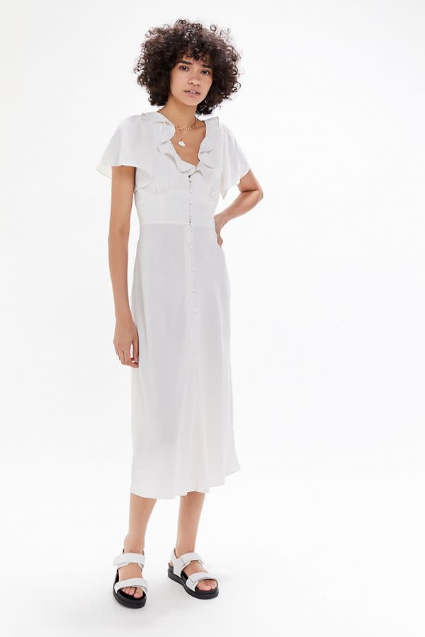 UO Heart Melter Button-Front Ruffle Midi Dress.